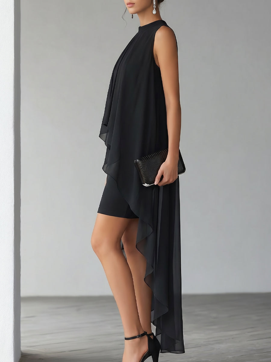 Elegant black layered cocktail gown for women, versatile high-neck maxi dress for parties, weddings & formal events.