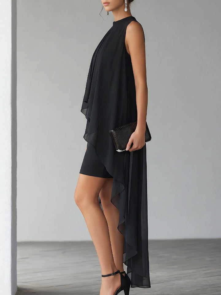 Elegant black layered cocktail gown for women, versatile high-neck maxi dress for parties, weddings & formal events.