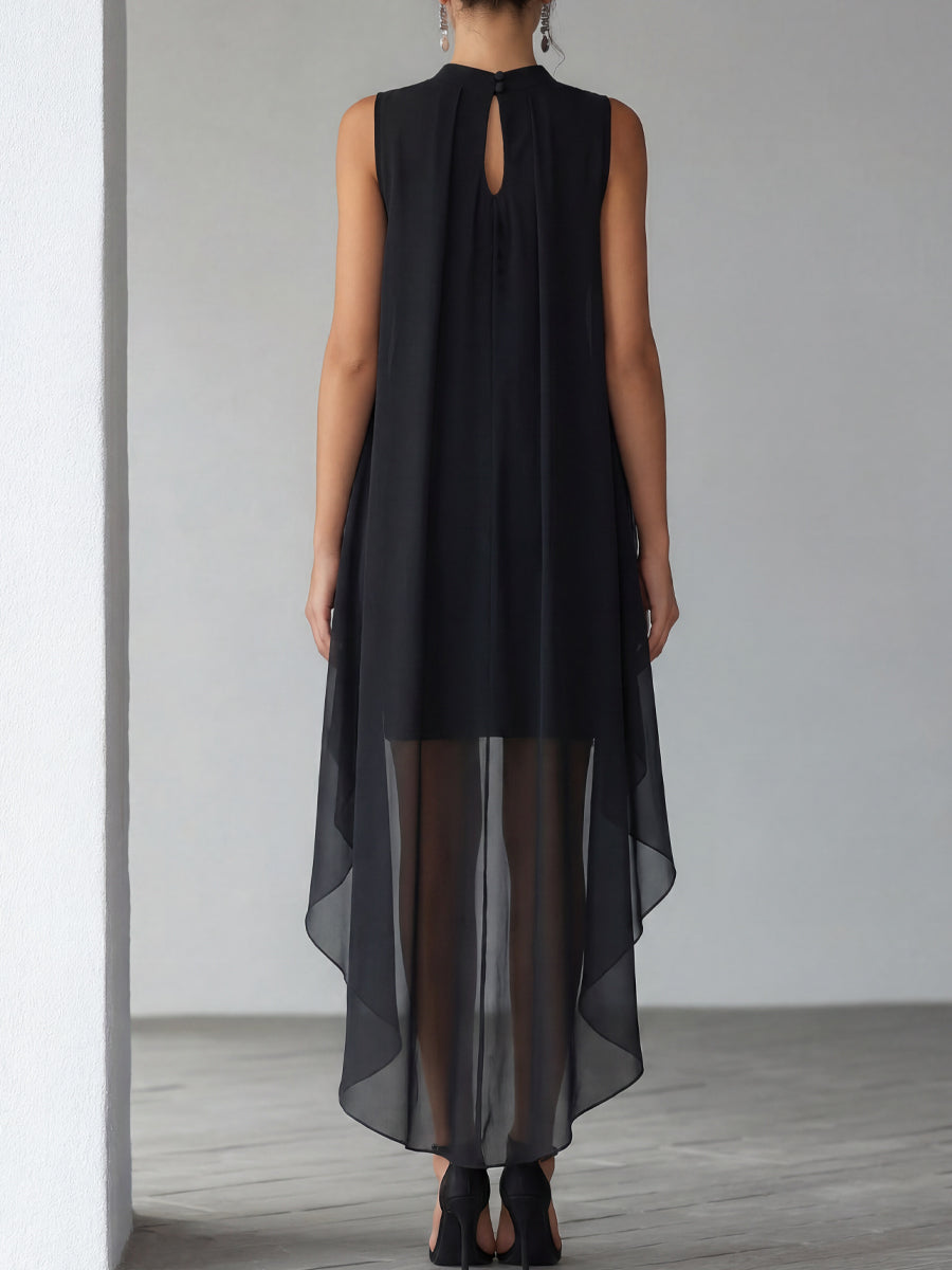 Sophisticated black layered cocktail dress for women, a graceful sleeveless high-neck maxi gown for special occasions.