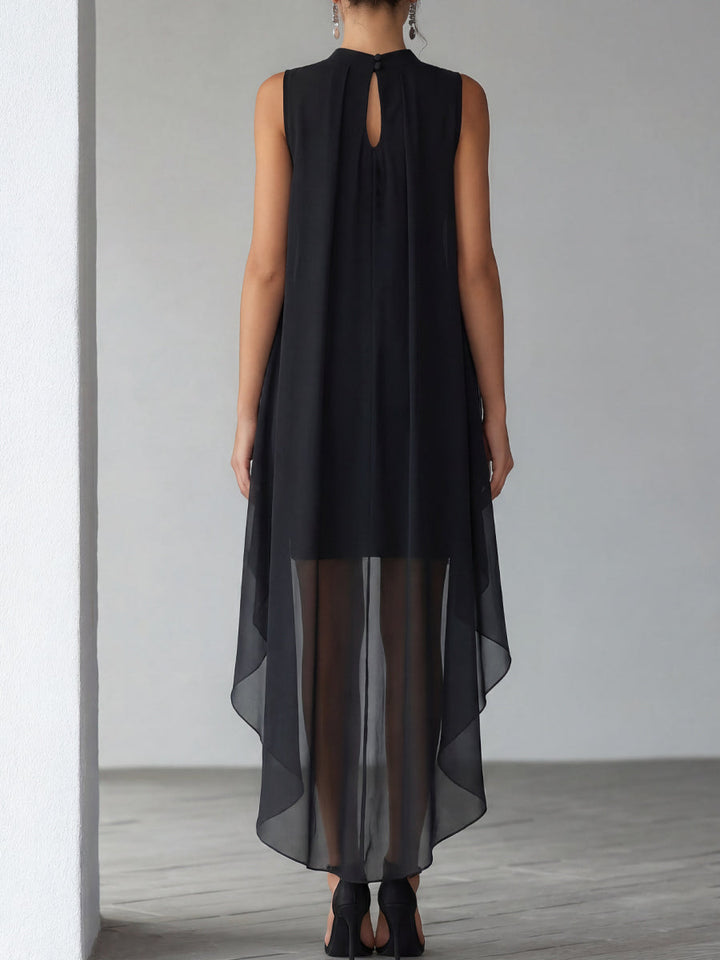 Sophisticated black layered cocktail dress for women, a graceful sleeveless high-neck maxi gown for special occasions.