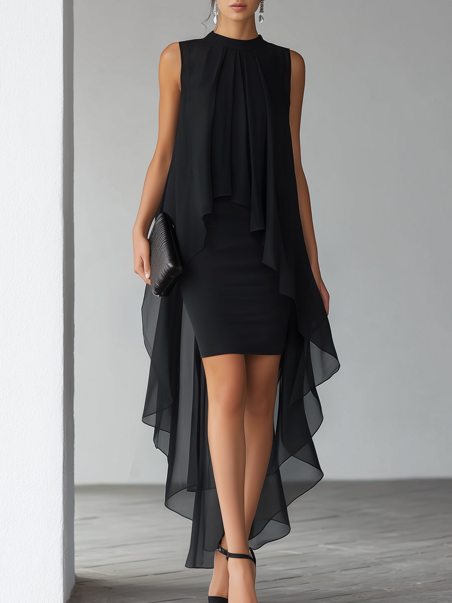 Sleeveless high neck black cocktail maxi dress with elegant layered overlay, ideal for evening parties.