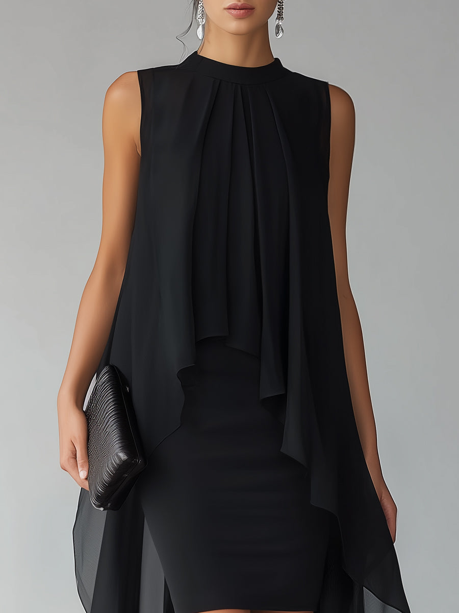 Women's black elegant layered overlay cocktail gown, a high-neck sleeveless maxi dress for evening wear.