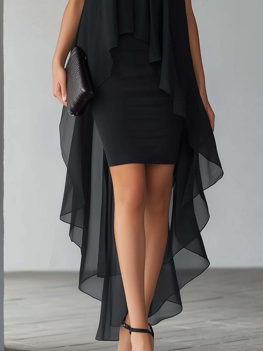 Fashionable black layered cocktail gown for women, elegant high-neck sleeveless dress for formal & party occasions.