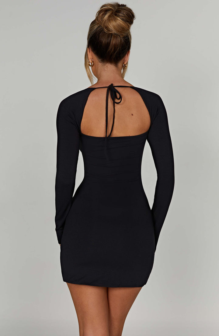 Fitted black mini dress with a stylish square neck, ideal for a chic and versatile women's evening outfit.