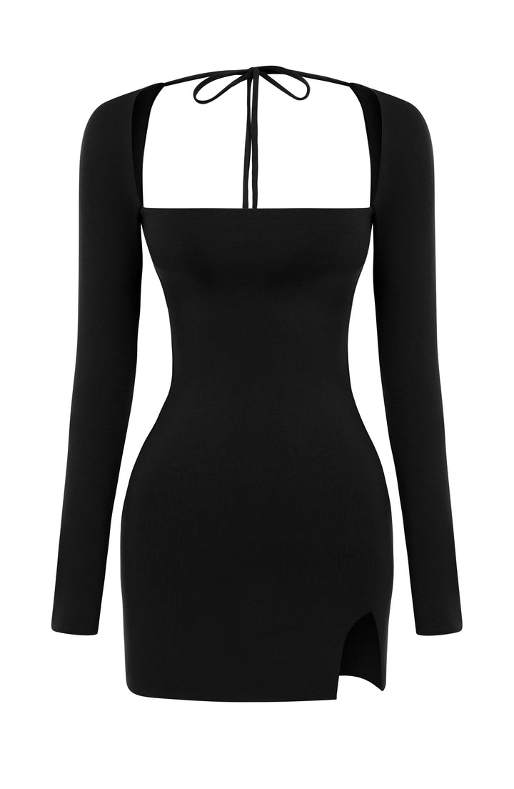 Versatile black mini dress for women, featuring an elegant square neckline and long sleeves for a fitted style.