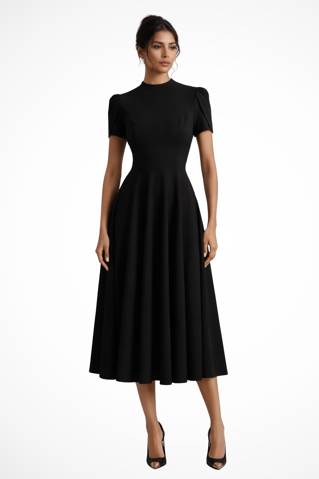 Elegant black mock neck puff sleeve A-line midi dress for women, ideal for wedding guests & formal events.