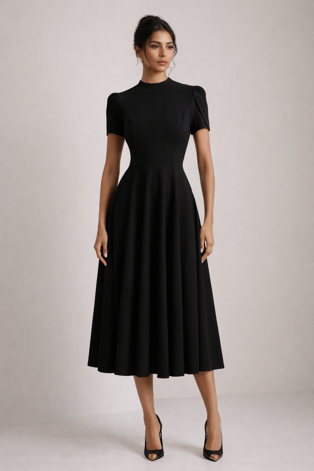 Stylish women's A-line midi dress with mock neck & puff sleeves, perfect for parties and special occasions.