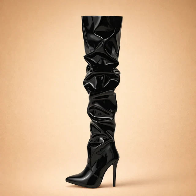 Fashionable women's over-the-knee boots, featuring stylish ruching, a sharp pointed toe, and a comfortable high heel.