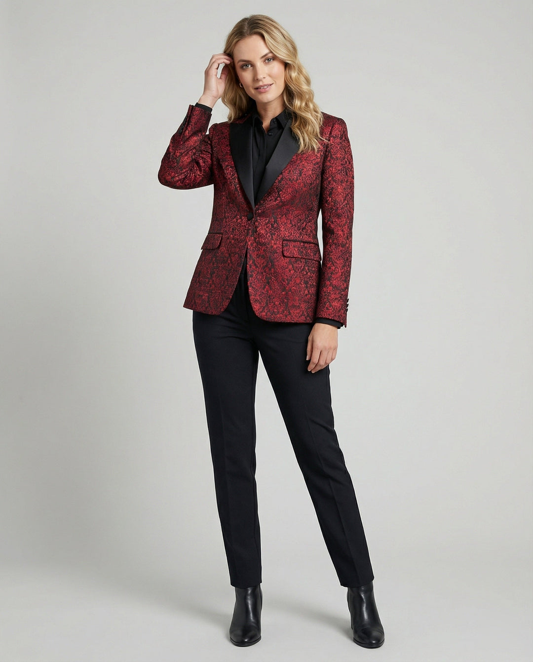 Elegant black paisley jacquard satin blazer for women, loose fit fashion.