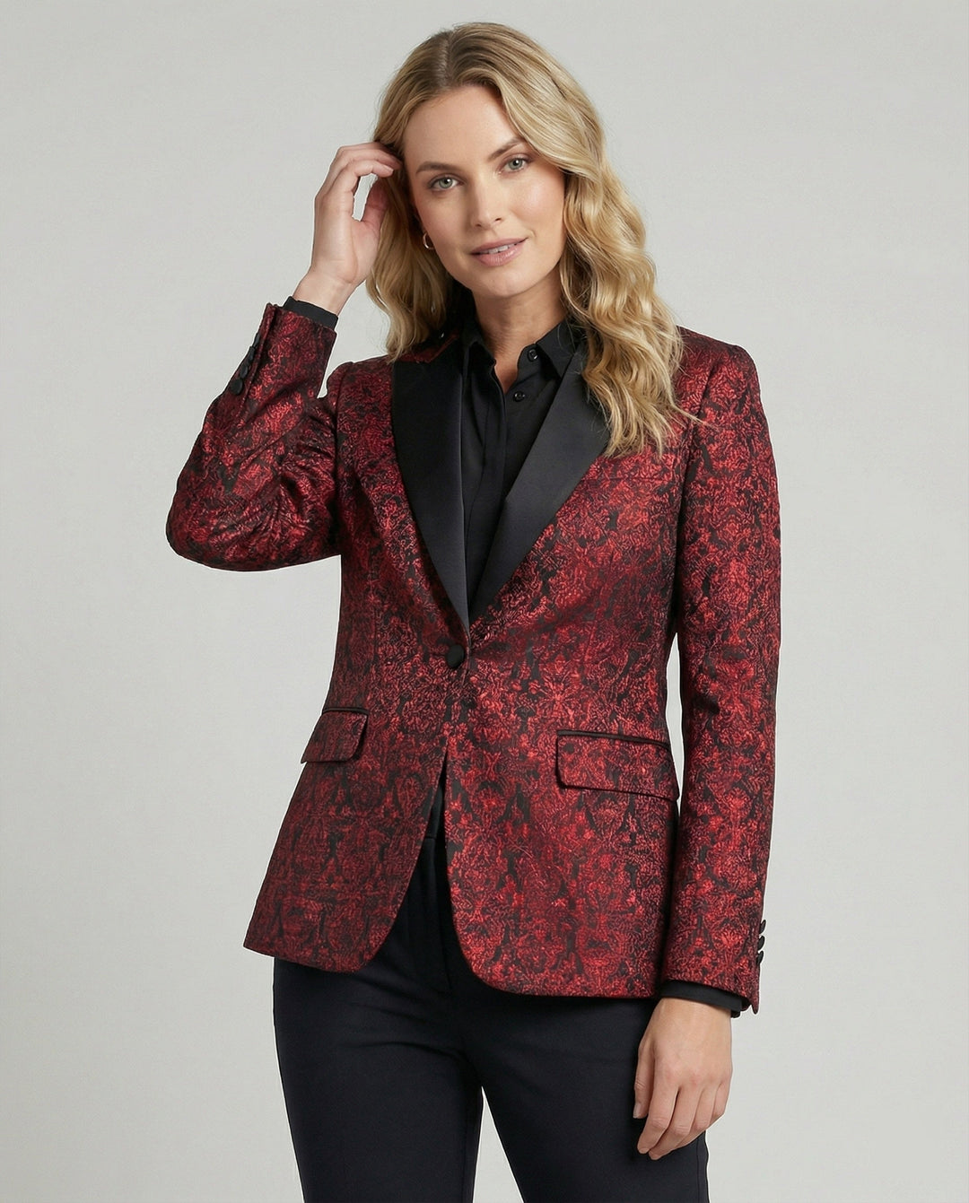 Chic women's satin jacquard paisley blazer in black, a luxurious statement piece.