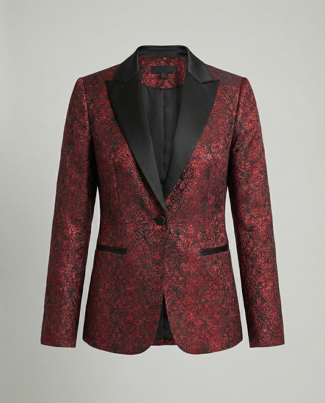 Statement black satin blazer featuring intricate paisley jacquard weave, women's fashion.
