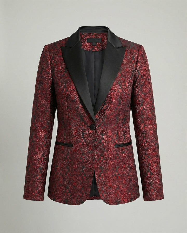 Statement black satin blazer featuring intricate paisley jacquard weave, women's fashion.