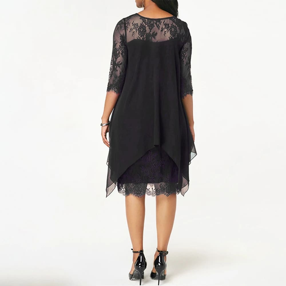 Elegant black plus size midi dress for women, perfect for effortless style & any occasion. Comfortable curvy fashion.