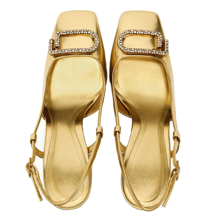 Fashionable women's dress shoes with a comfortable sling back and chic high block heel.