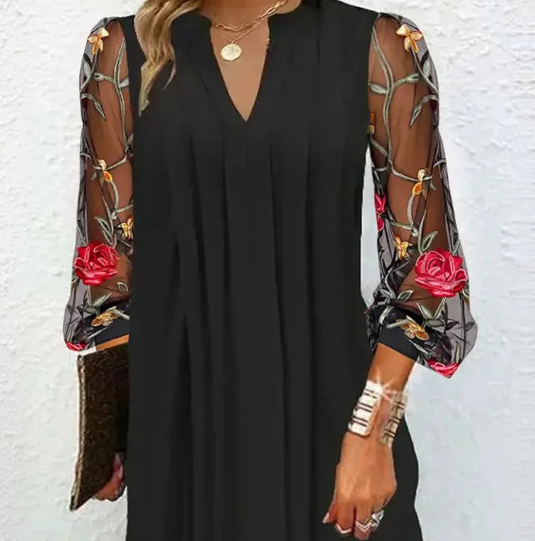 Sophisticated women's black dress with delicate floral sleeves & V-neck, ideal for formal events, parties & special occasions.