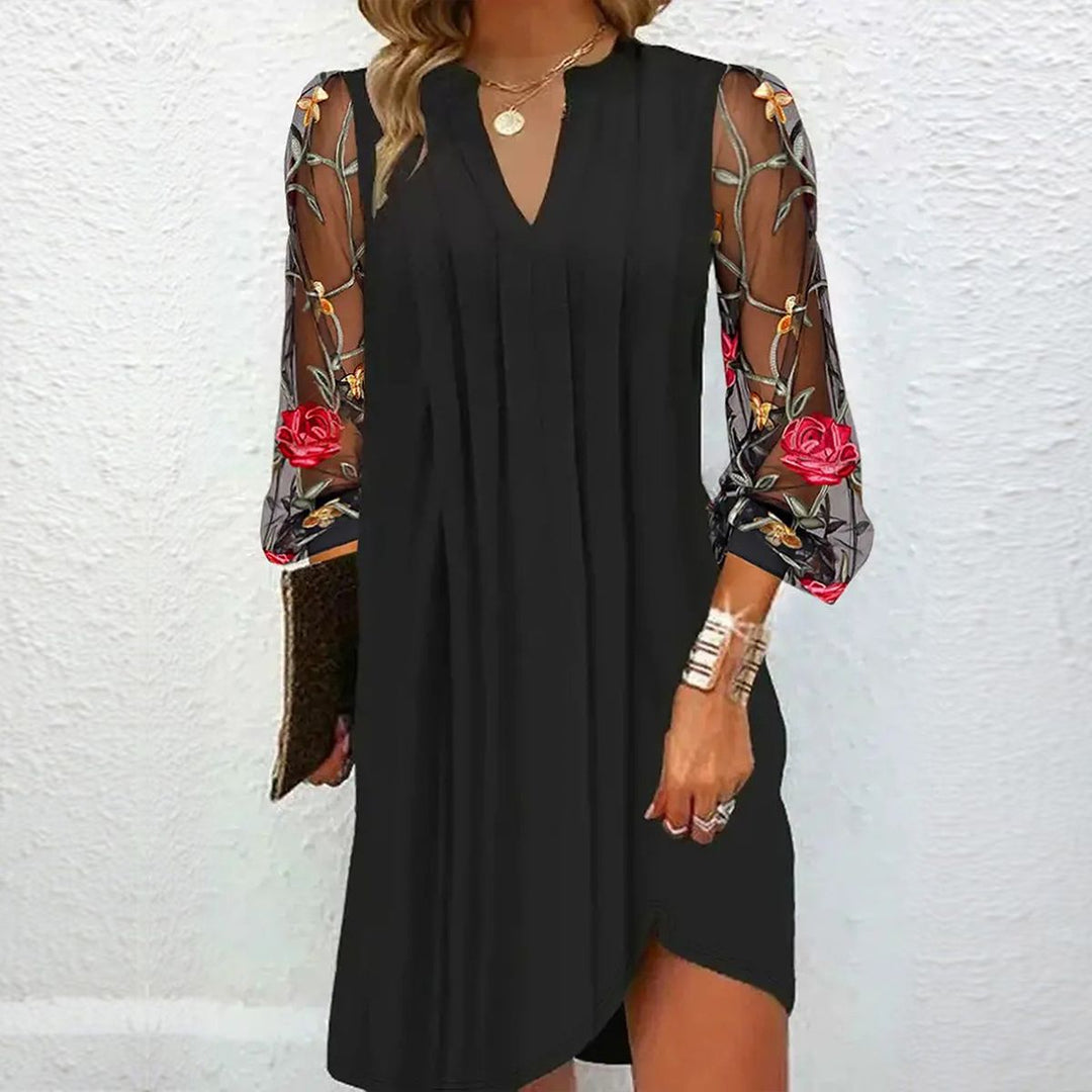Elegant black V-neck dress for women with beautiful floral sleeves, perfect for evening parties & special occasions.