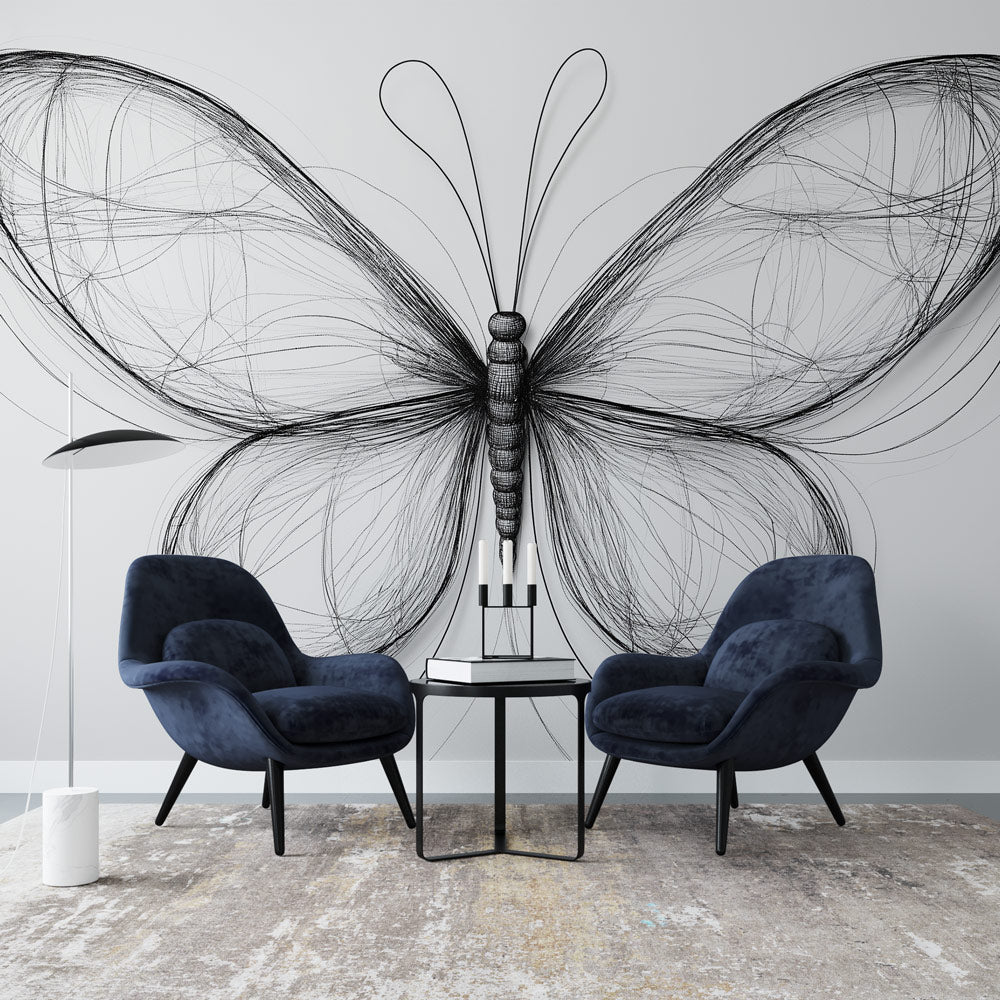 Elegant black & white butterfly outline peel & stick wall mural. Modern line art wallpaper for home decor.
