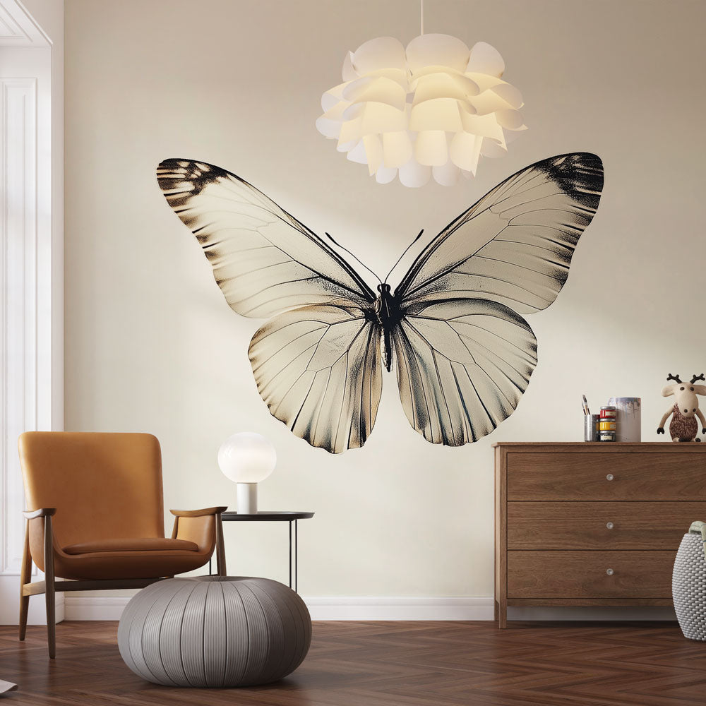 Elegant black & white butterfly wall mural. Monochrome nature wallpaper, peel and stick home decor.
