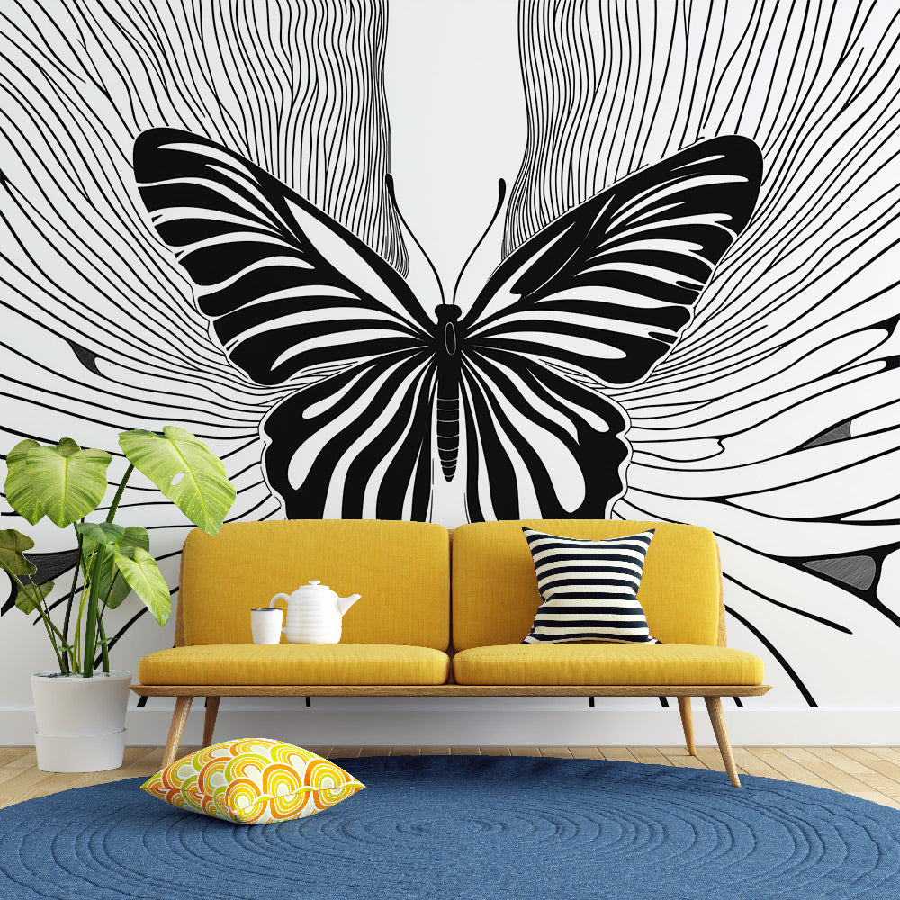 Elegant black & white butterfly wallpaper mural. Peel & stick monochrome floral wall decor for modern interiors.