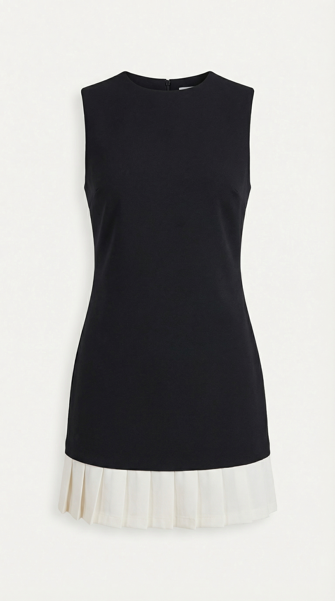 Elegant women's sleeveless black and white midi dress featuring a sophisticated pleated skirt. Chic style.