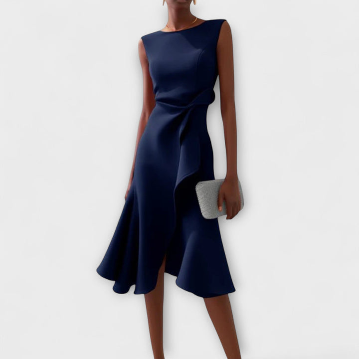 Stylish women's asymmetric sleeveless midi dress, a sophisticated cocktail dress for special occasion evening parties.