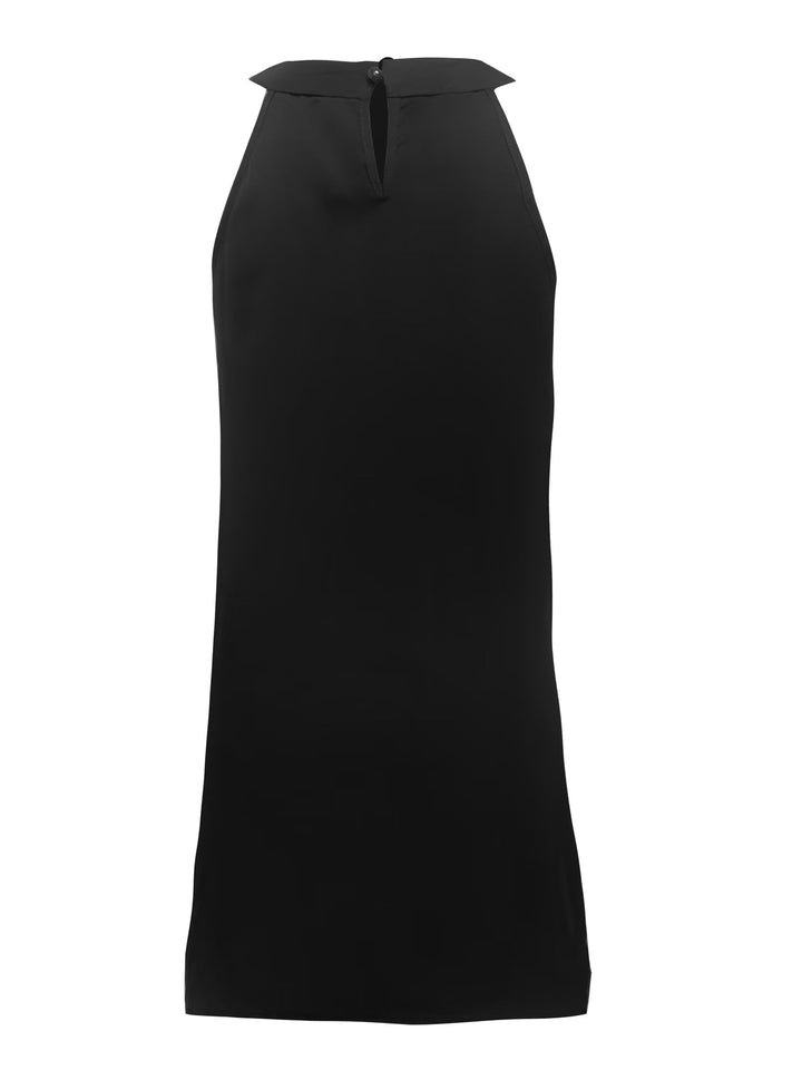 Black sleeveless tucked dress for women. Casual, elegant, and comfortable everyday summer wear with a relaxed fit.