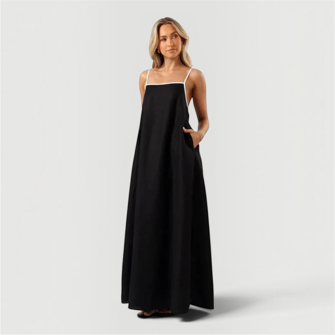 Elegant black women's casual summer midi dress with an a-line cut, perfect for everyday or special occasions.
