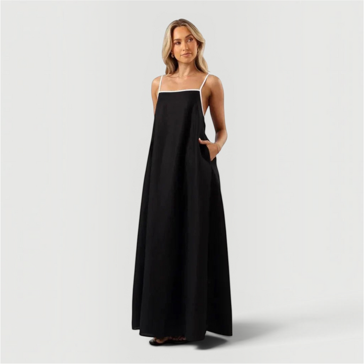 Elegant black women's casual summer midi dress with an a-line cut, perfect for everyday or special occasions.