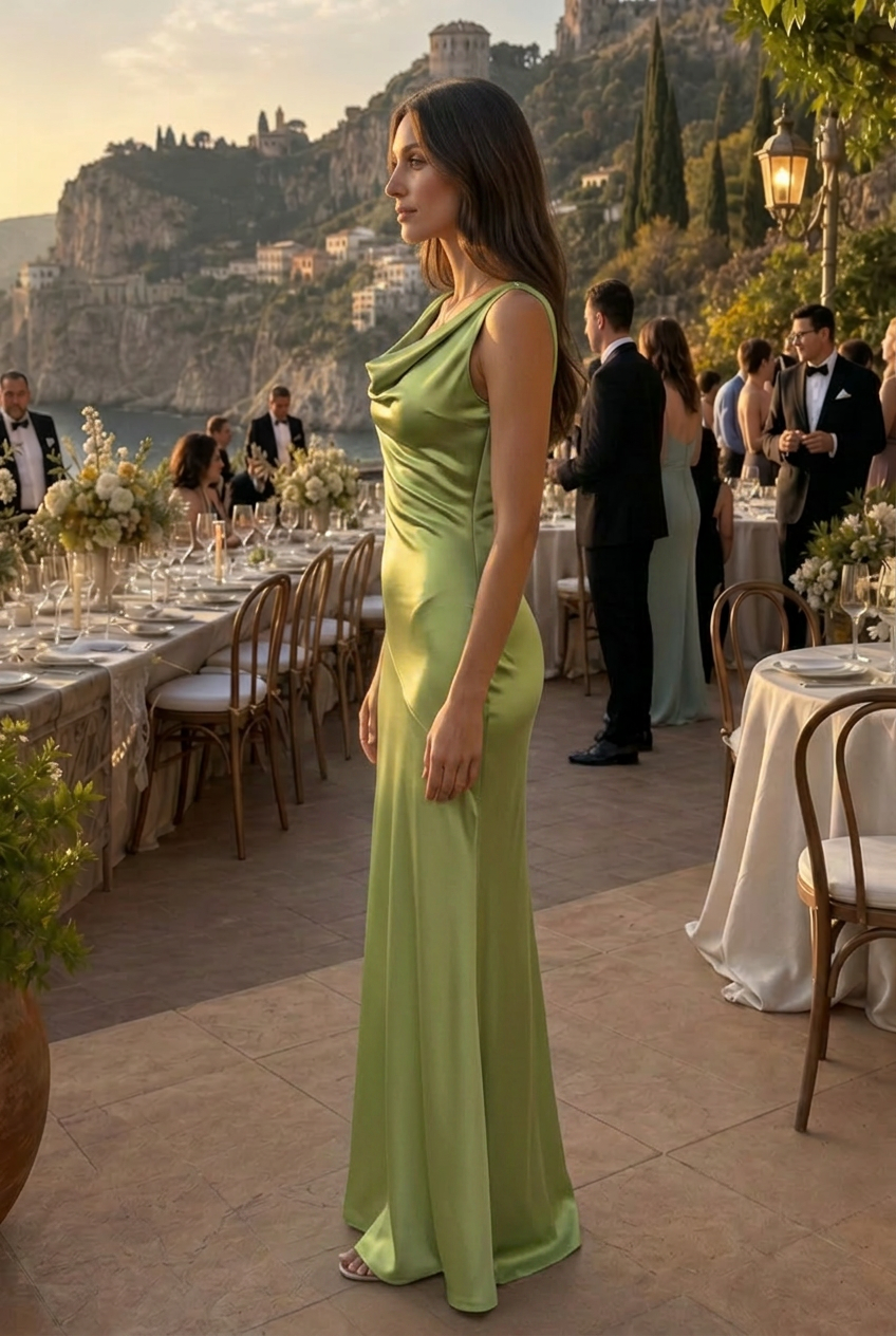Elegant green women's sleeveless maxi dress. Fitted silhouette with a chic cowl neck, ideal for occasions.