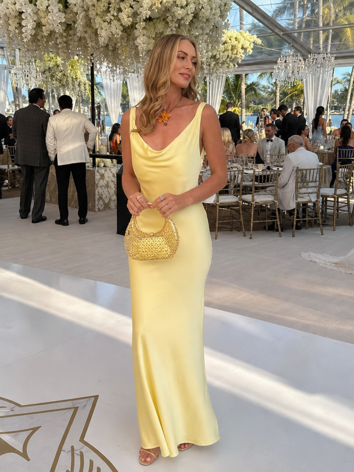 Sophisticated yellow cowl neck fitted maxi dress for women. Elegant sleeveless evening wear attire.