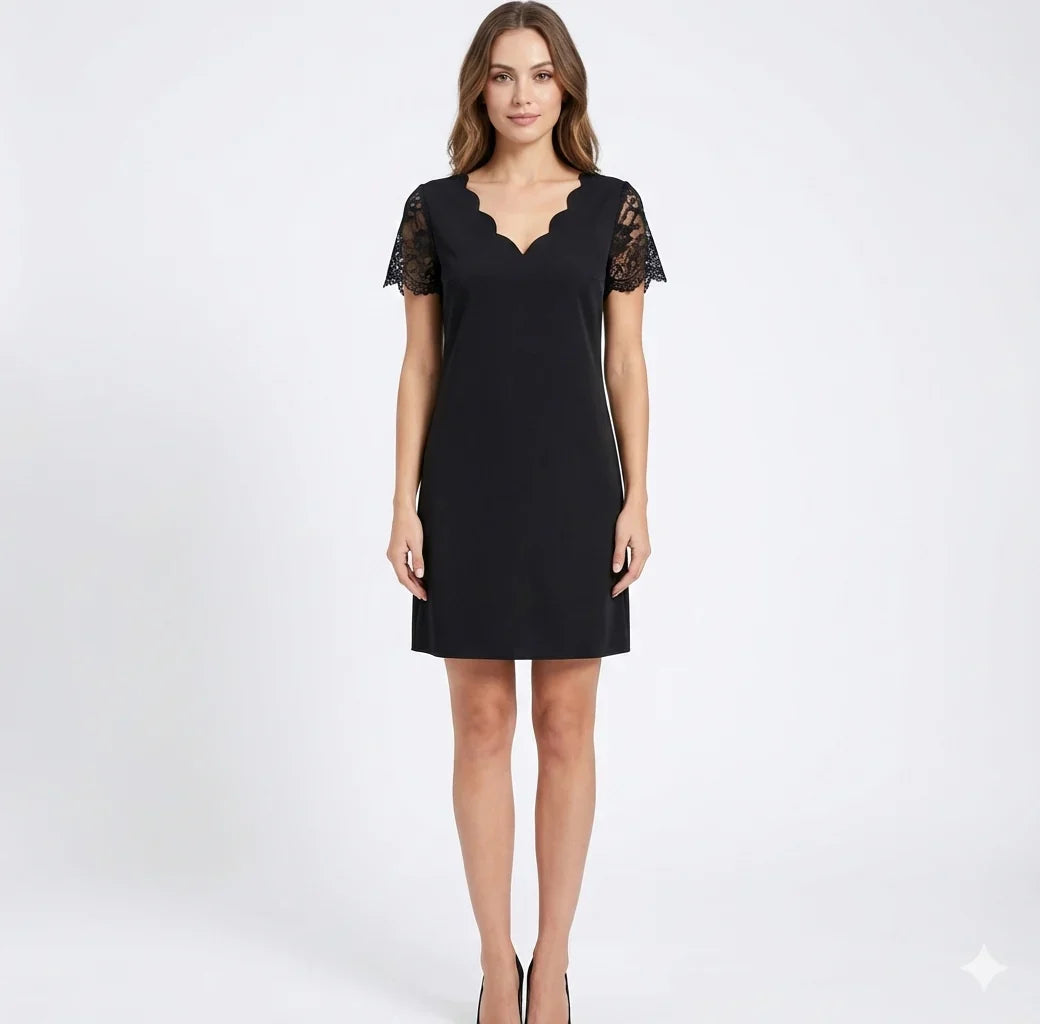 Elegant black women's lace sleeve mini dress with a scalloped V-neck & relaxed fit, ideal for parties & evening.