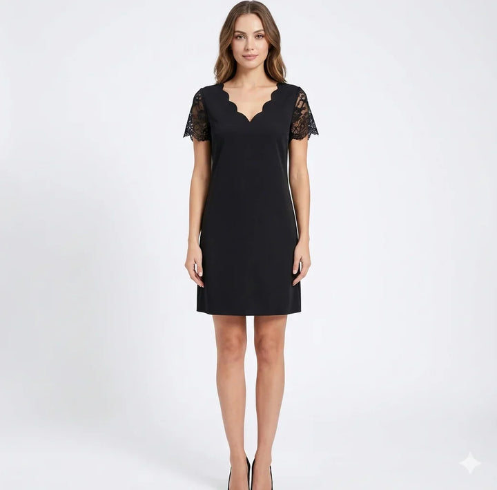 Elegant black women's lace sleeve mini dress with a scalloped V-neck & relaxed fit, ideal for parties & evening.
