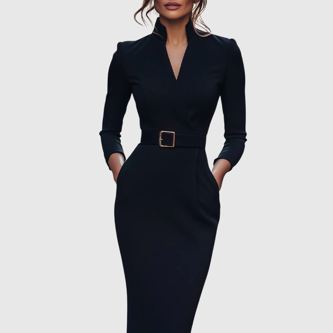 Elegant black women's midi dress with three-quarter sleeves & flattering belted waist for office wear.