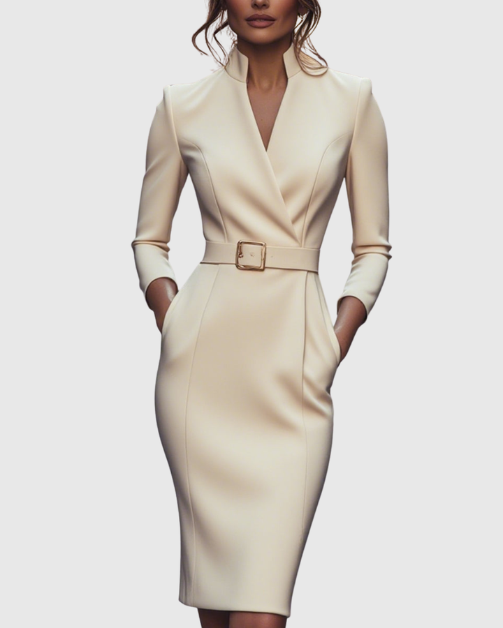 Elegant purple midi dress with three-quarter sleeves, ideal for professional office attire.