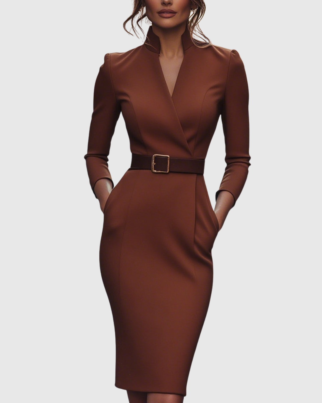 Flattering women's midi dress, belted for a sleek silhouette, perfect for professional settings.