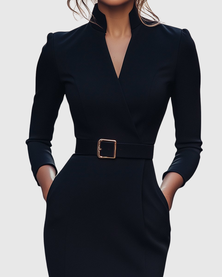 Flattering red women's midi dress, pull-on style, ideal for elegant office outfits.