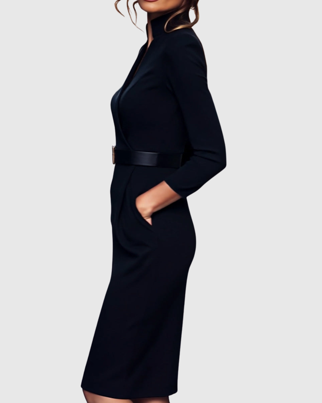 Timeless elegant midi dress with a belted waist, suitable for sophisticated office style.
