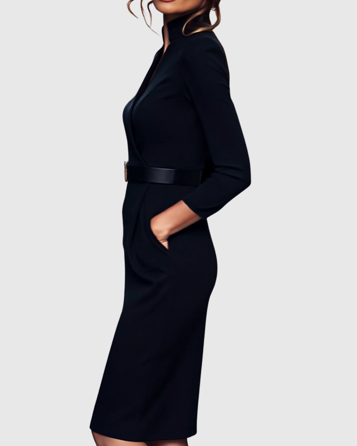 Timeless elegant midi dress with a belted waist, suitable for sophisticated office style.