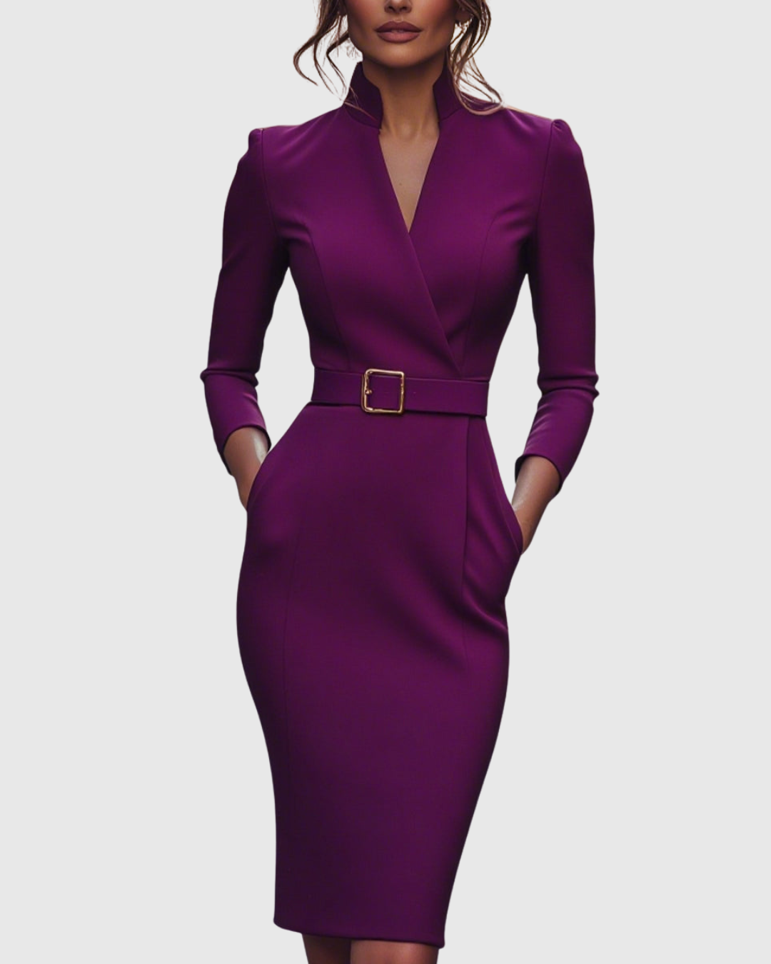 Stylish green women's midi dress, three-quarter sleeves, for a polished workwear look.