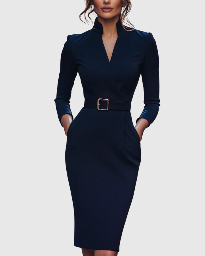 Refined black midi dress, versatile for office style & elegant social events.