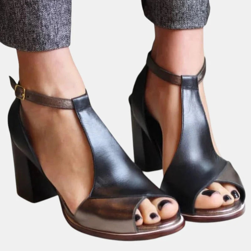 Elegant black women's peep-toe sandals with comfortable block heel and adjustable ankle strap for office wear.