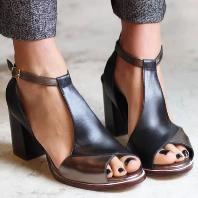 Stylish black peep-toe block heel sandals for women, ideal comfortable summer footwear for dressy events.
