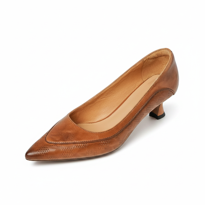 Versatile brown pointed toe kitten heel pumps for women. Classic low heel dress shoes, perfect for office or events.