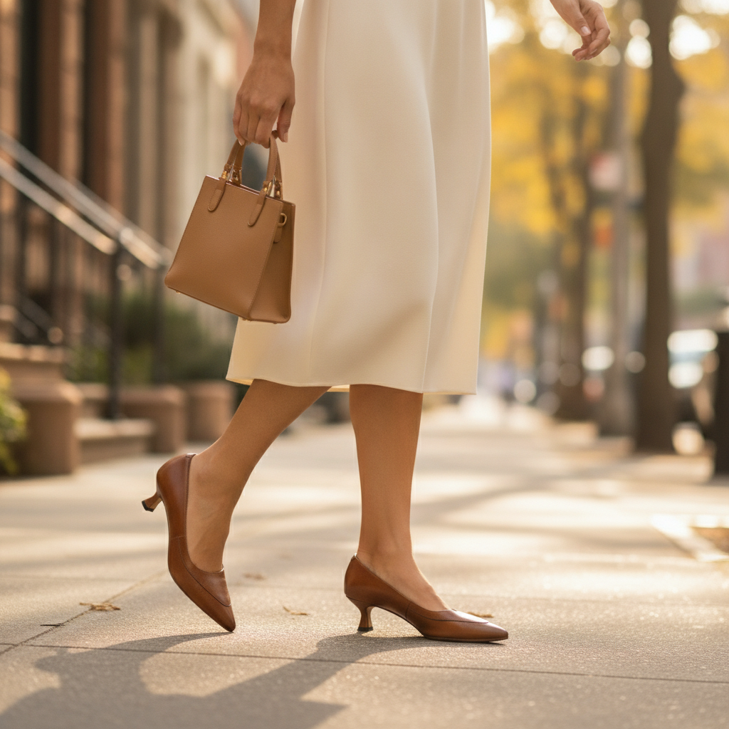 Classic women's pointed toe kitten heel pumps. Elegant & comfortable low heels, perfect versatile dress shoes.