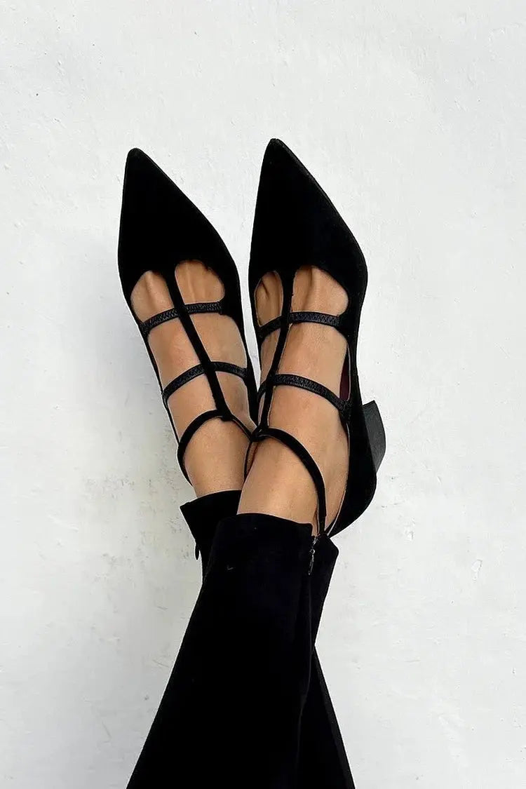 Elegant black women's pointed toe flats with multi cross-straps & ankle strap, ideal for office or dressy occasions.