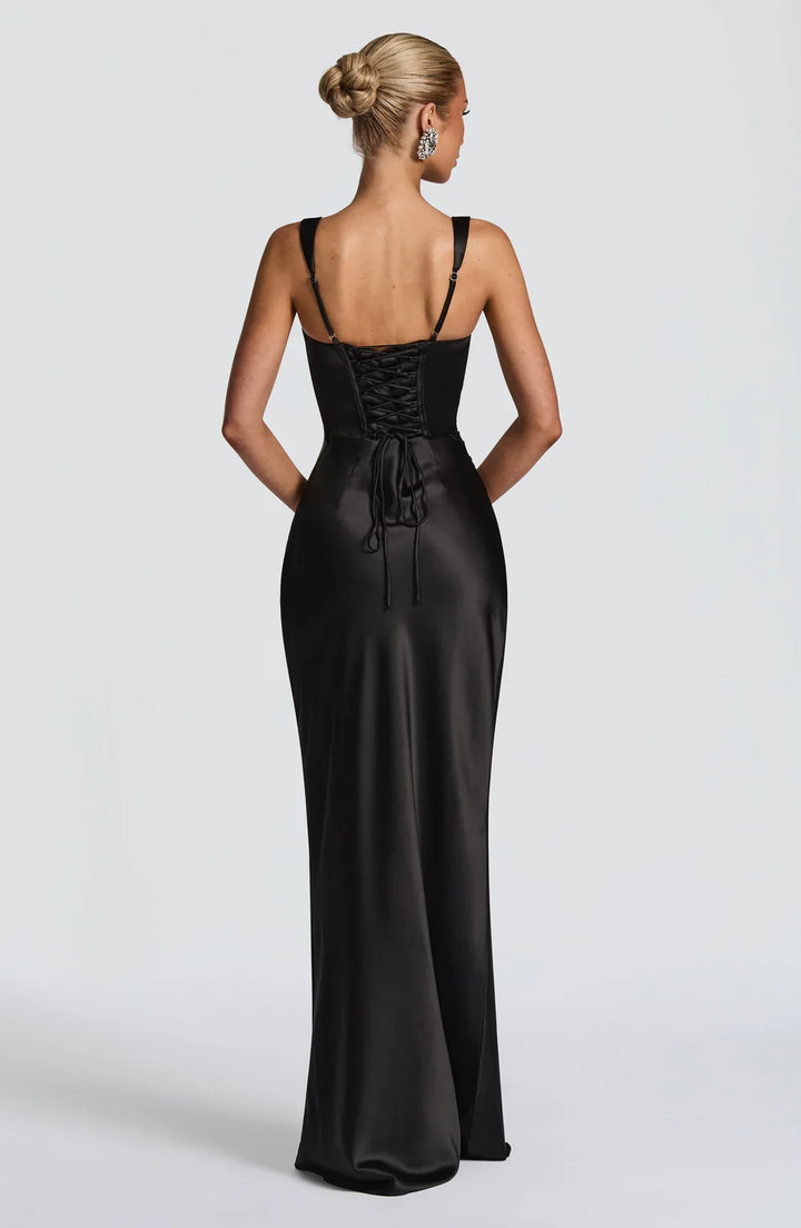 Summer black ruched maxi dress for women, offering elegance and comfort; ideal for holidays & warm weather.