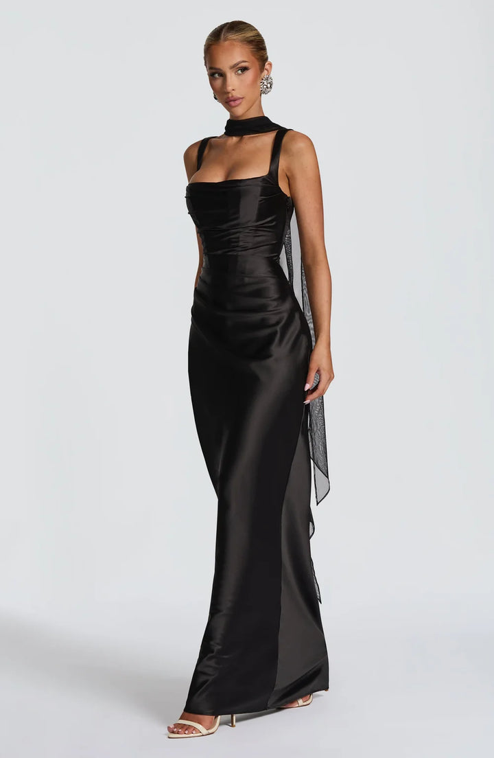 Graceful black women's ruched waist maxi dress. Perfect elegant summer holiday attire with adjustable straps.