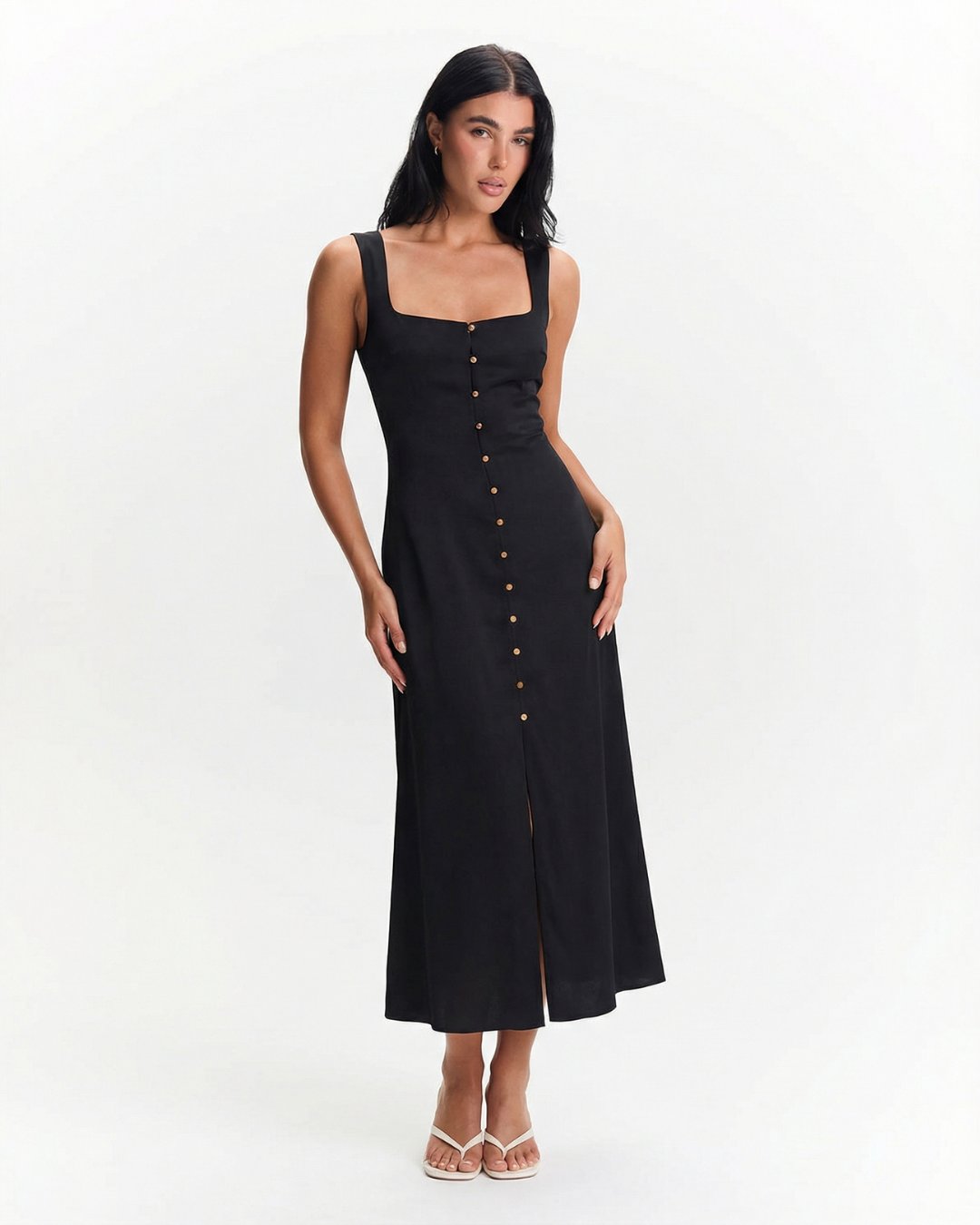 Elegant black women's square neck button front midi dress, perfect for summer casual or party wear.