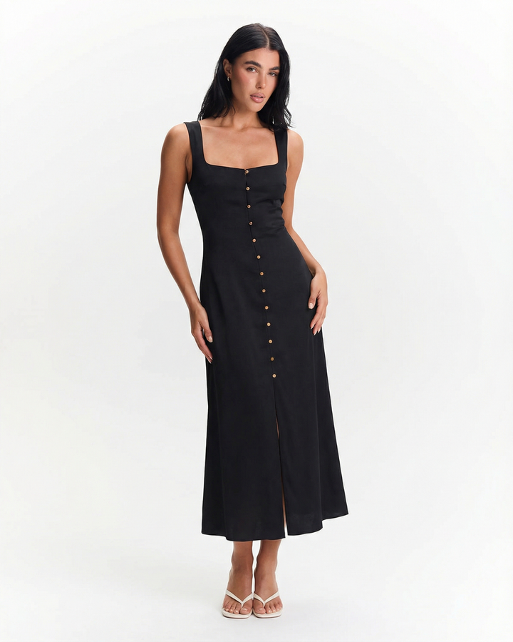 Elegant black women's square neck button front midi dress, perfect for summer casual or party wear.