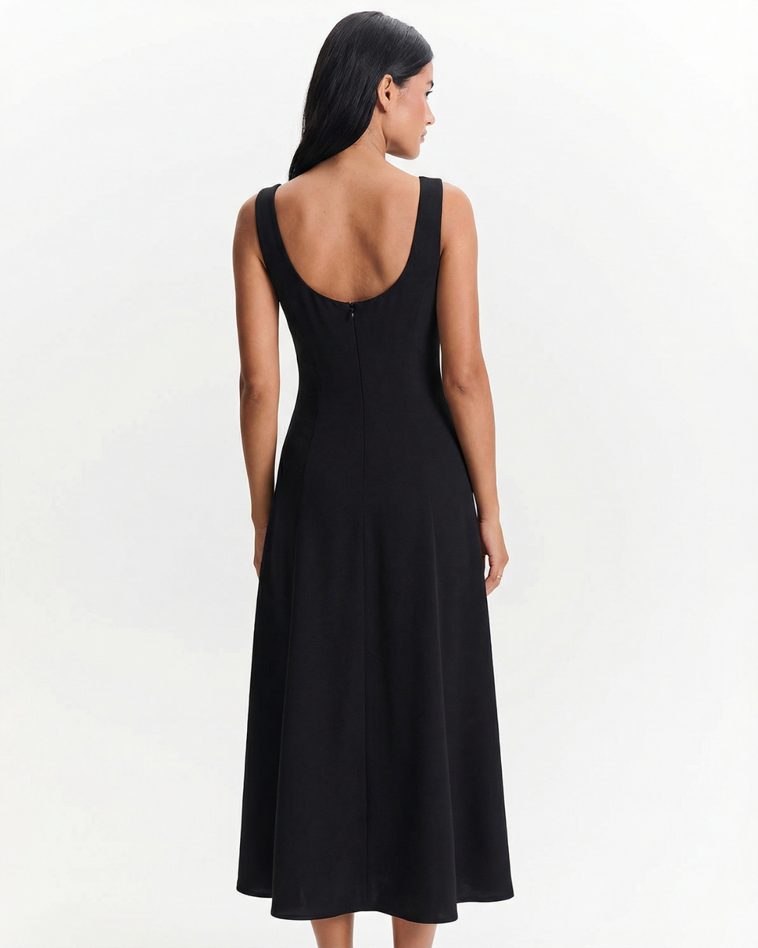 Women's black square neck midi dress featuring a stylish button-front design, great for casual or elegant events.